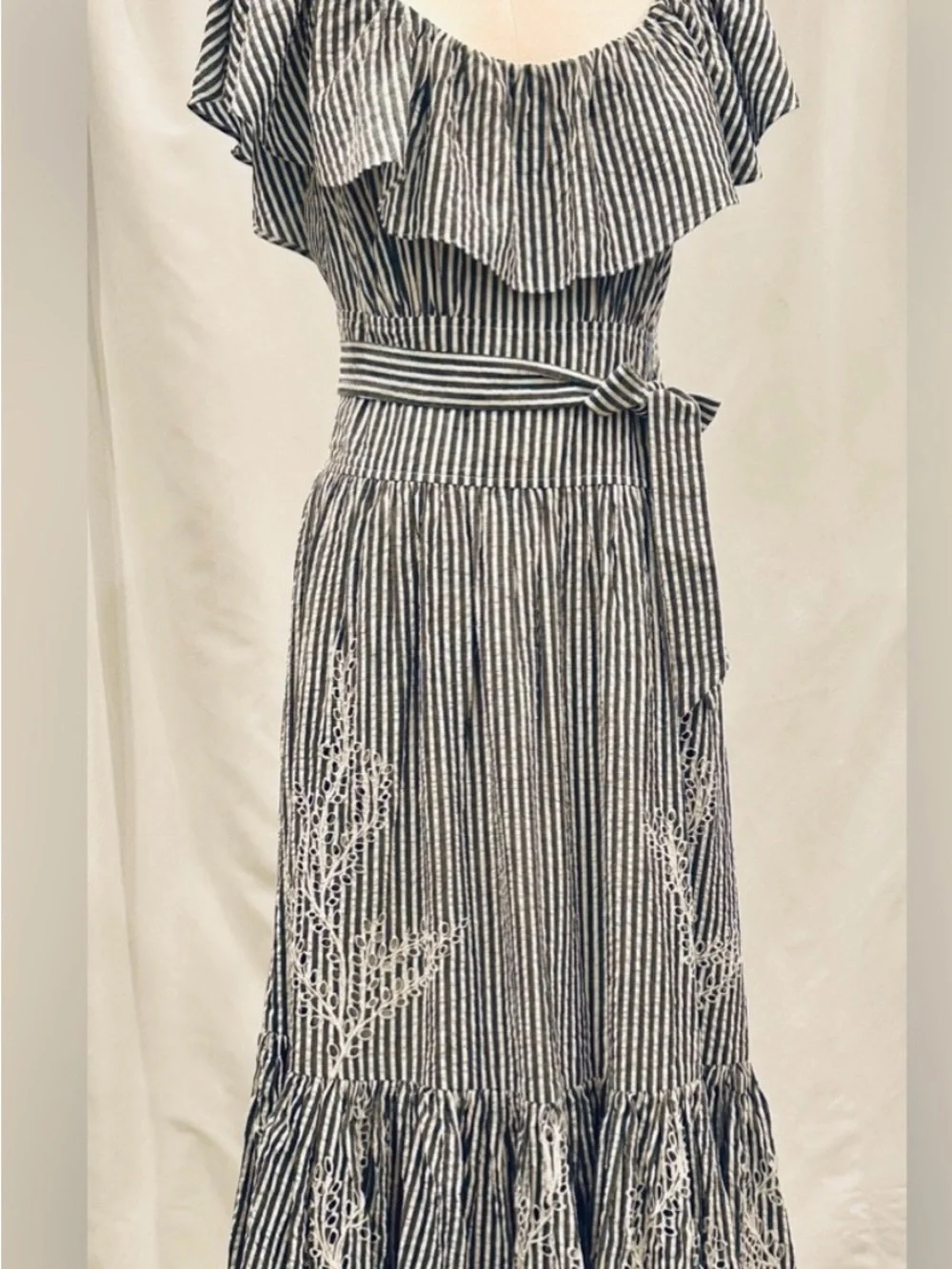 Tory Burch Striped Ruffle Midi Dress, embroidery on lower half, size 4